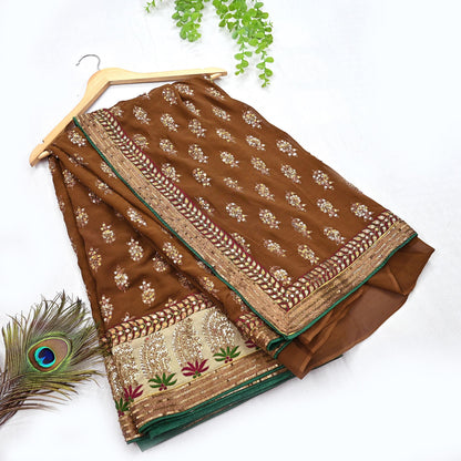 Indian Heavy Sari Brown Pure Georgette Silk Hand Embroidered Sarees Designer Sabyasachi 6Yd Sewing Ethnic Bollywood party wear saree