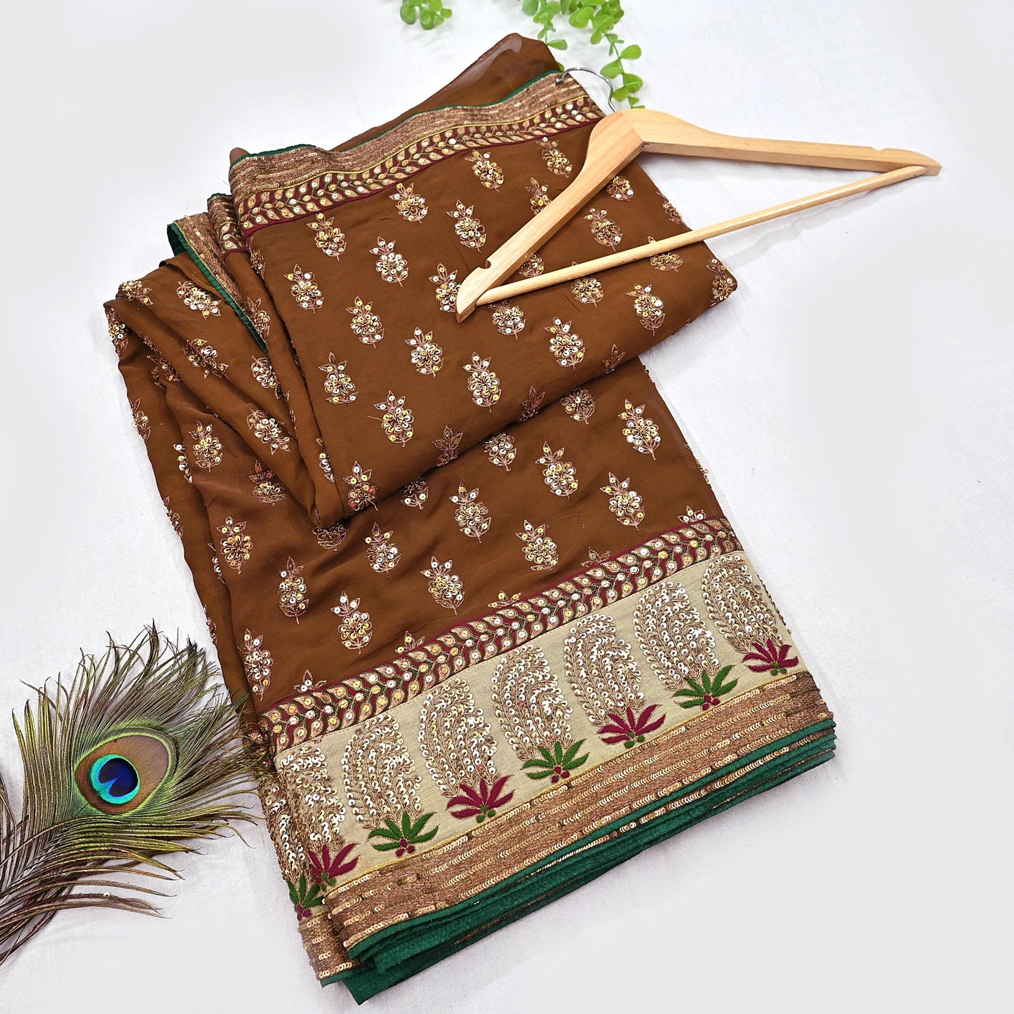 Indian Heavy Sari Brown Pure Georgette Silk Hand Embroidered Sarees Designer Sabyasachi 6Yd Sewing Ethnic Bollywood party wear saree