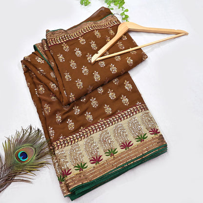 Indian Heavy Sari Brown Pure Georgette Silk Hand Embroidered Sarees Designer Sabyasachi 6Yd Sewing Ethnic Bollywood party wear saree