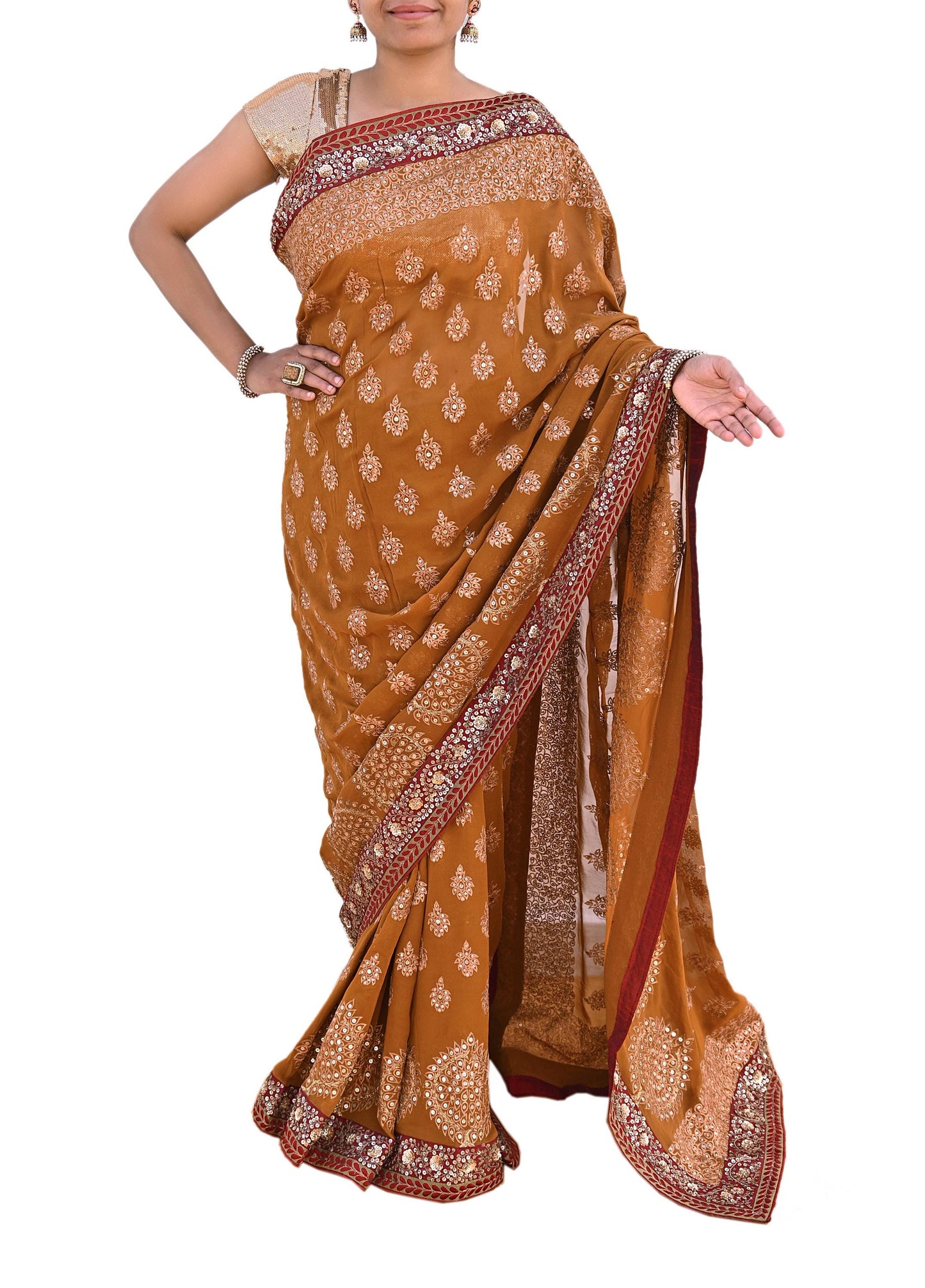 Indian Heavy Sari Saffron Pure Georgette Silk Hand Embroidered Sarees Designer Sabyasachi 6Yd Sewing Ethnic Bollywood party wear saree