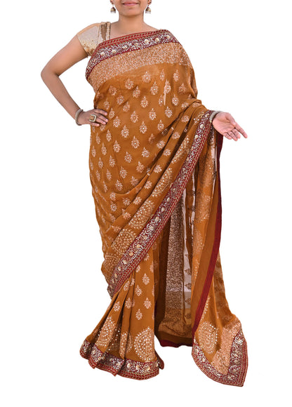 Indian Heavy Sari Saffron Pure Georgette Silk Hand Embroidered Sarees Designer Sabyasachi 6Yd Sewing Ethnic Bollywood party wear saree