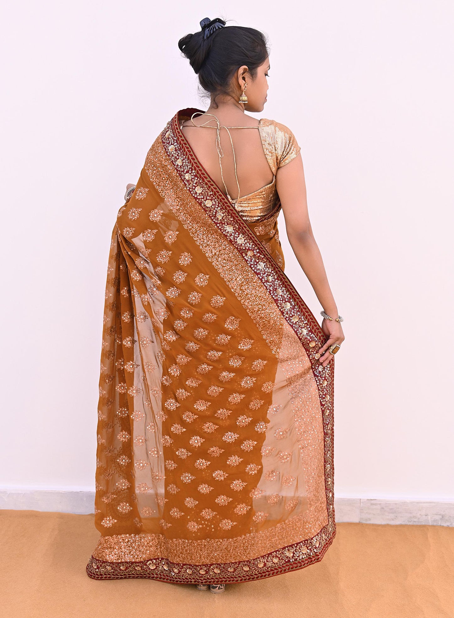 Indian Heavy Sari Saffron Pure Georgette Silk Hand Embroidered Sarees Designer Sabyasachi 6Yd Sewing Ethnic Bollywood party wear saree