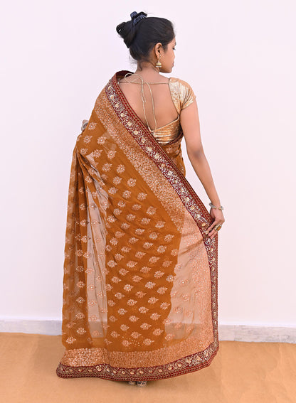 Indian Heavy Sari Saffron Pure Georgette Silk Hand Embroidered Sarees Designer Sabyasachi 6Yd Sewing Ethnic Bollywood party wear saree