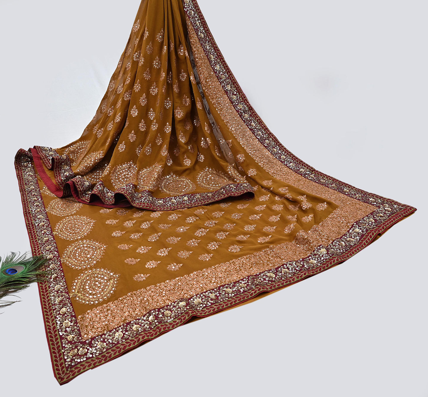 Indian Heavy Sari Saffron Pure Georgette Silk Hand Embroidered Sarees Designer Sabyasachi 6Yd Sewing Ethnic Bollywood party wear saree