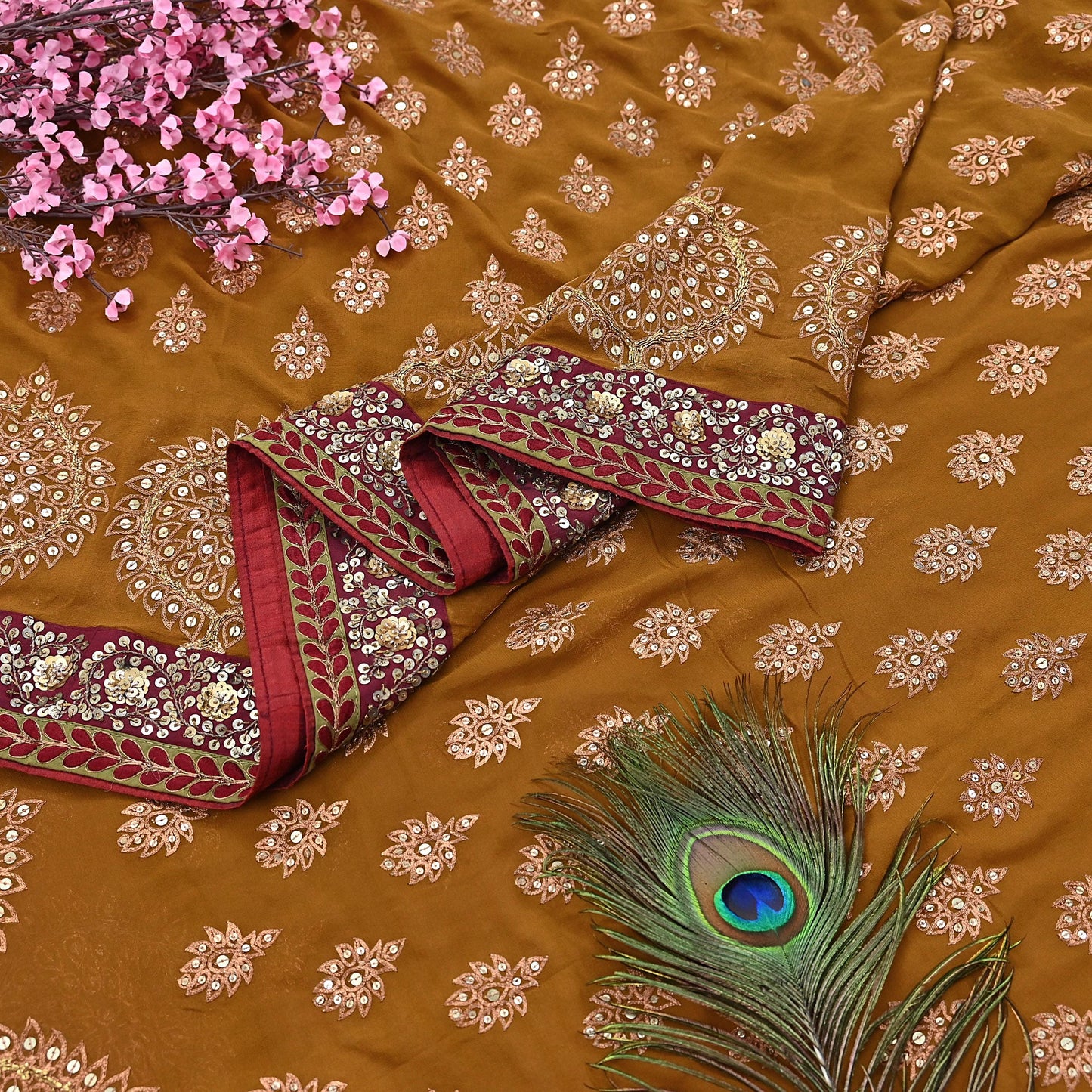 Indian Heavy Sari Saffron Pure Georgette Silk Hand Embroidered Sarees Designer Sabyasachi 6Yd Sewing Ethnic Bollywood party wear saree