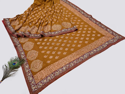 Indian Heavy Sari Saffron Pure Georgette Silk Hand Embroidered Sarees Designer Sabyasachi 6Yd Sewing Ethnic Bollywood party wear saree