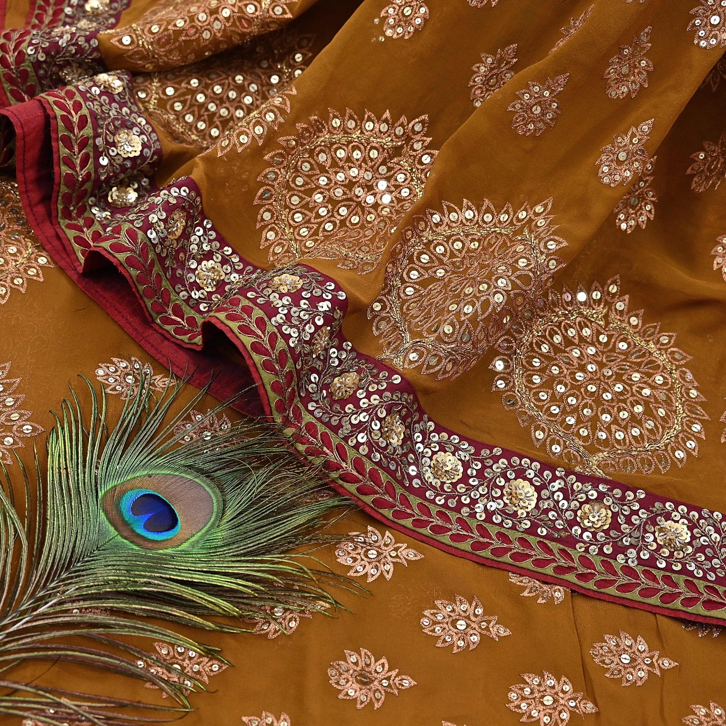 Indian Heavy Sari Saffron Pure Georgette Silk Hand Embroidered Sarees Designer Sabyasachi 6Yd Sewing Ethnic Bollywood party wear saree