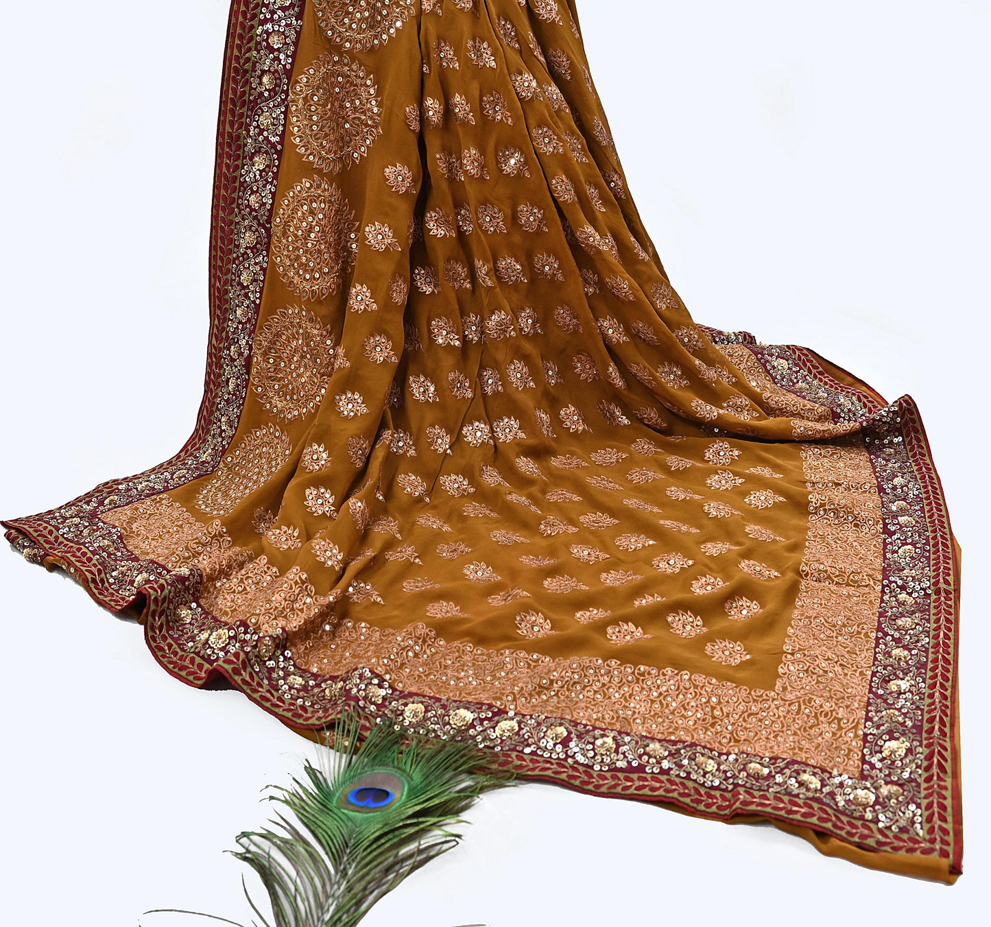 Indian Heavy Sari Saffron Pure Georgette Silk Hand Embroidered Sarees Designer Sabyasachi 6Yd Sewing Ethnic Bollywood party wear saree