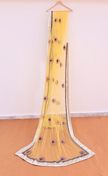 Indian Heavy Sari Yellow Net/Mesh Hand Embroidered Sarees Designer Abu Jani 6Yd Sewing Ethnic Zardozi/ Dabka With Blouse fabric