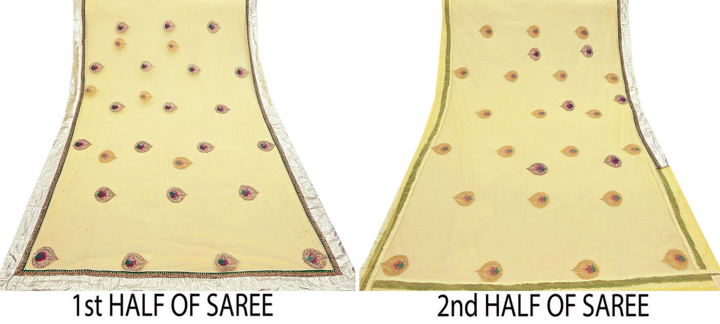 Indian Heavy Sari Yellow Net/Mesh Hand Embroidered Sarees Designer Abu Jani 6Yd Sewing Ethnic Zardozi/ Dabka With Blouse fabric