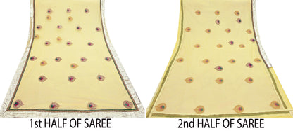 Indian Heavy Sari Yellow Net/Mesh Hand Embroidered Sarees Designer Abu Jani 6Yd Sewing Ethnic Zardozi/ Dabka With Blouse fabric