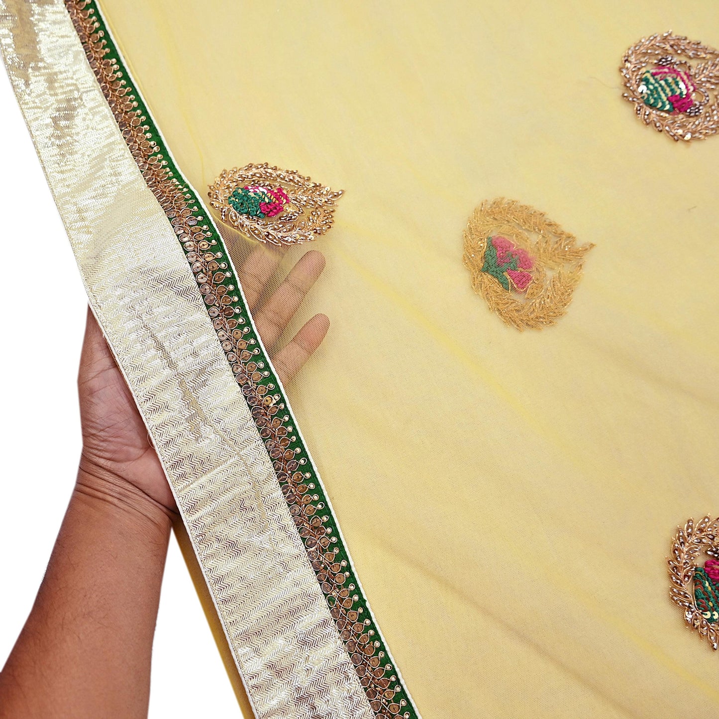 Indian Heavy Sari Yellow Net/Mesh Hand Embroidered Sarees Designer Abu Jani 6Yd Sewing Ethnic Zardozi/ Dabka With Blouse fabric