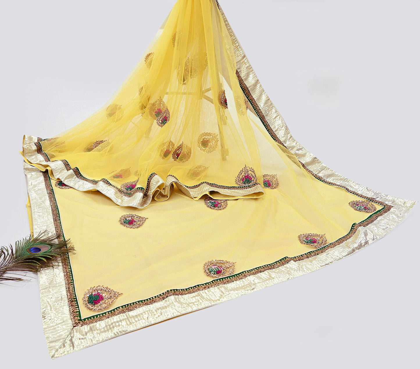 Indian Heavy Sari Yellow Net/Mesh Hand Embroidered Sarees Designer Abu Jani 6Yd Sewing Ethnic Zardozi/ Dabka With Blouse fabric