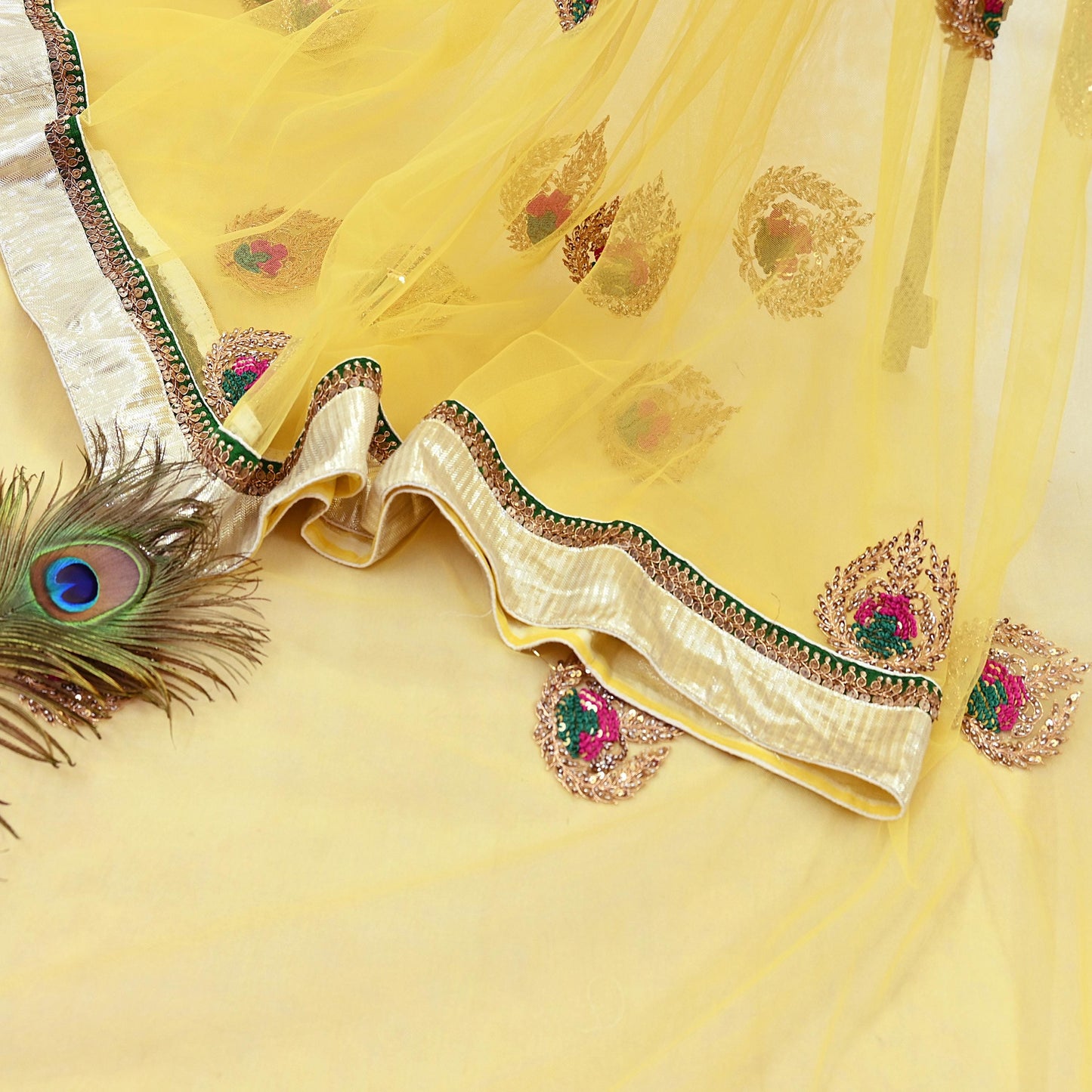 Indian Heavy Sari Yellow Net/Mesh Hand Embroidered Sarees Designer Abu Jani 6Yd Sewing Ethnic Zardozi/ Dabka With Blouse fabric