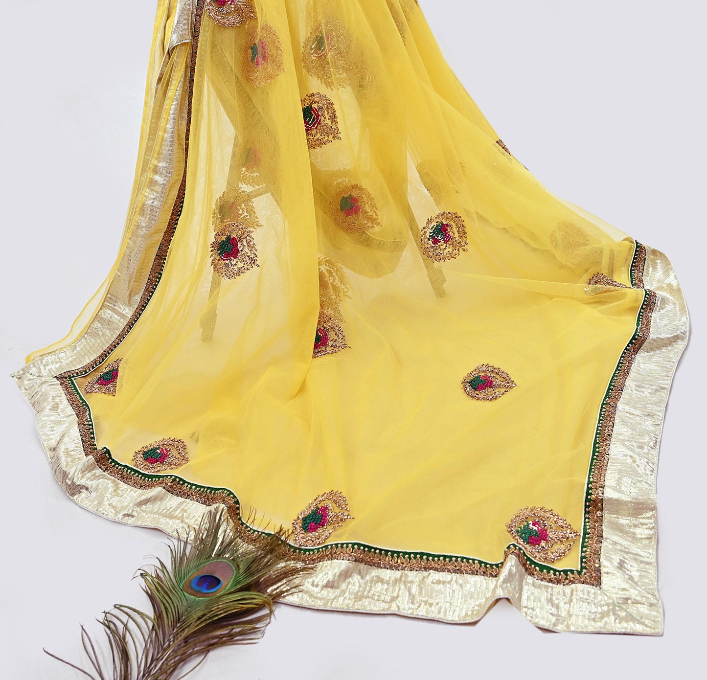 Indian Heavy Sari Yellow Net/Mesh Hand Embroidered Sarees Designer Abu Jani 6Yd Sewing Ethnic Zardozi/ Dabka With Blouse fabric
