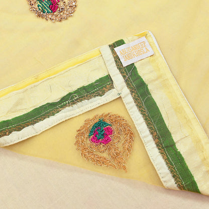 Indian Heavy Sari Yellow Net/Mesh Hand Embroidered Sarees Designer Abu Jani 6Yd Sewing Ethnic Zardozi/ Dabka With Blouse fabric