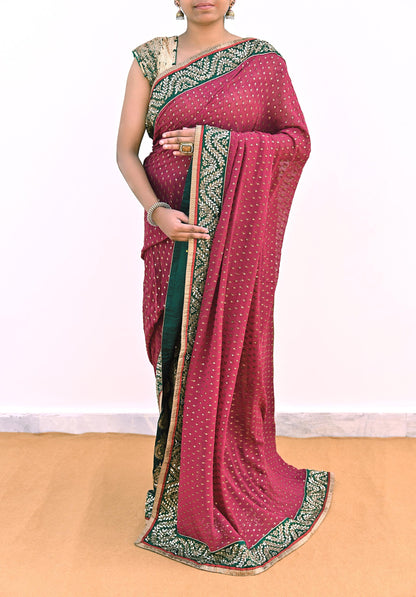 Indian Pre-Owned Sari Purple & Green pure georgette silk Hand Embroidered Designer Sabyasachi Lehenga Sarees Ethnic Wedding Sarees