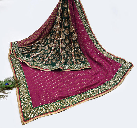 Indian Pre-Owned Sari Purple & Green pure georgette silk Hand Embroidered Designer Sabyasachi Lehenga Sarees Ethnic Wedding Sarees