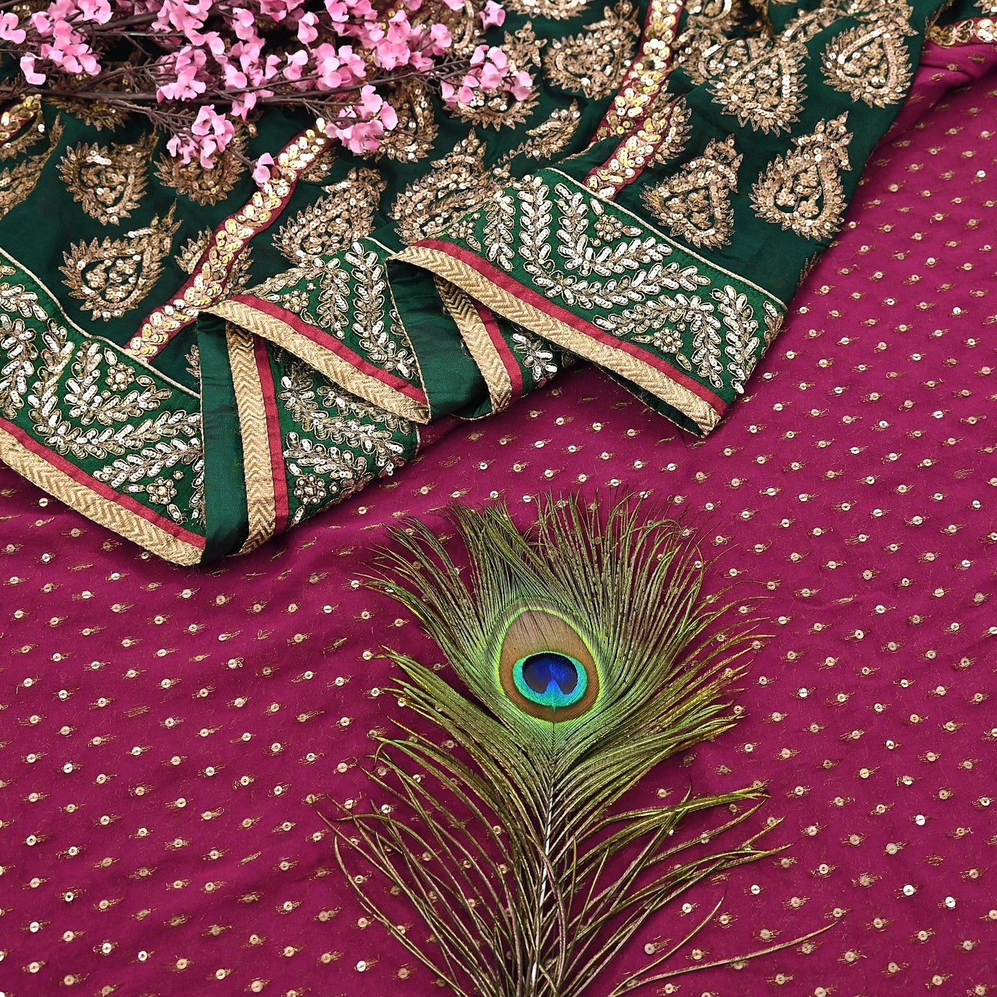 Indian Pre-Owned Sari Purple & Green pure georgette silk Hand Embroidered Designer Sabyasachi Lehenga Sarees Ethnic Wedding Sarees