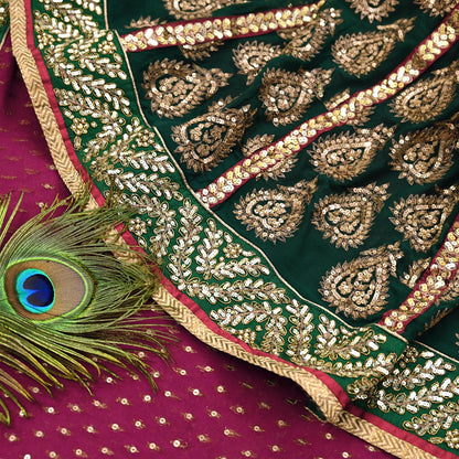 Indian Pre-Owned Sari Purple & Green pure georgette silk Hand Embroidered Designer Sabyasachi Lehenga Sarees Ethnic Wedding Sarees