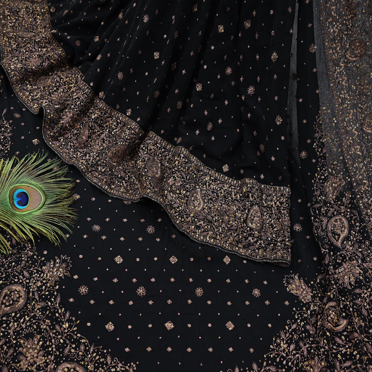 Indian Vintage Black Saree Pure Georgette Silk Pre-owned Hand Beaded Ritu Kumar Designer Sari Fabric 5Yd Soft Ethnic Bollywood Party sarees