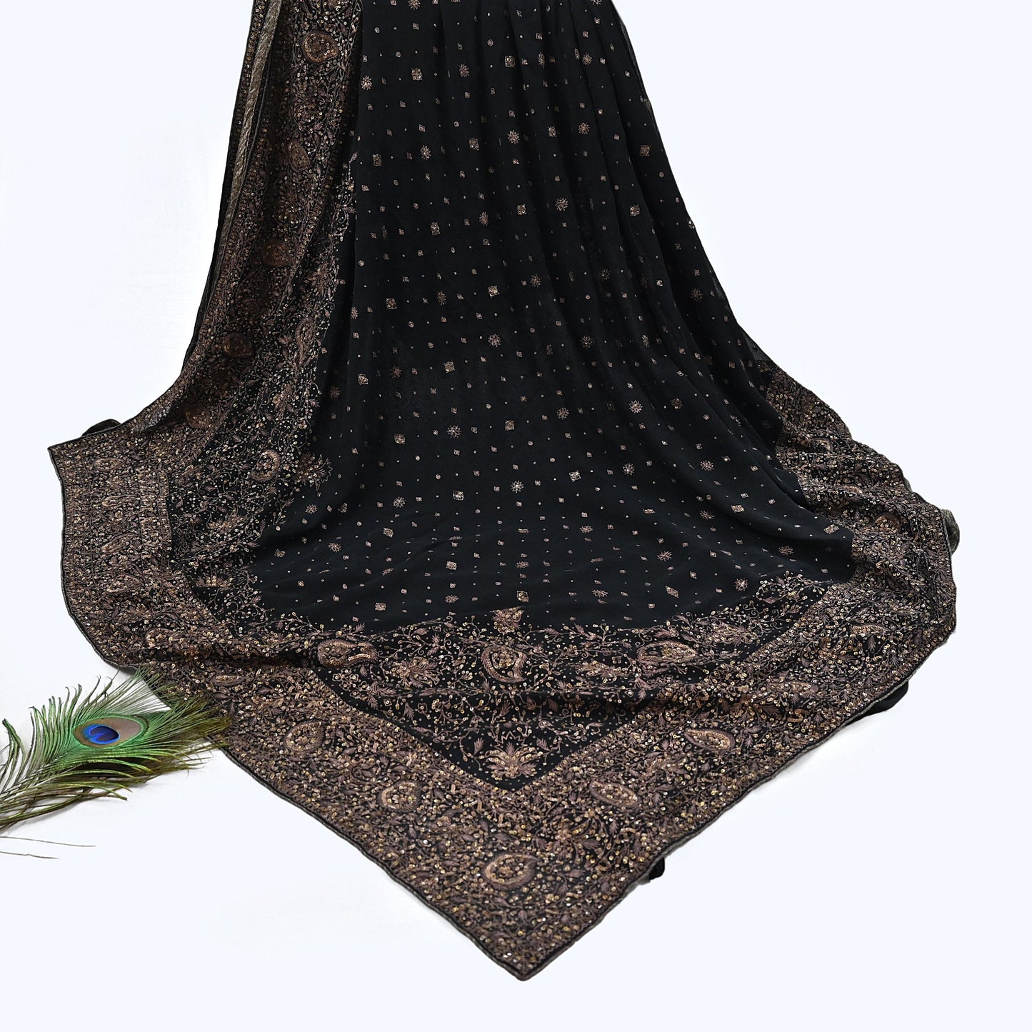 Indian Vintage Black Saree Pure Georgette Silk Pre-owned Hand Beaded Ritu Kumar Designer Sari Fabric 5Yd Soft Ethnic Bollywood Party sarees