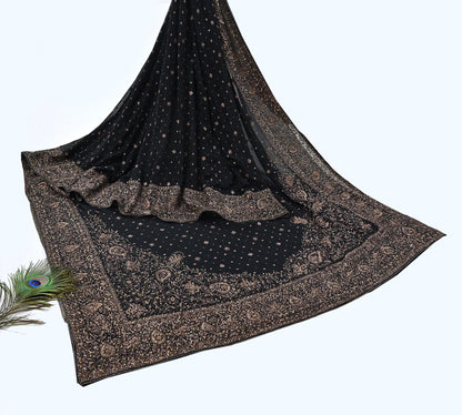 Indian Vintage Black Saree Pure Georgette Silk Pre-owned Hand Beaded Ritu Kumar Designer Sari Fabric 5Yd Soft Ethnic Bollywood Party sarees