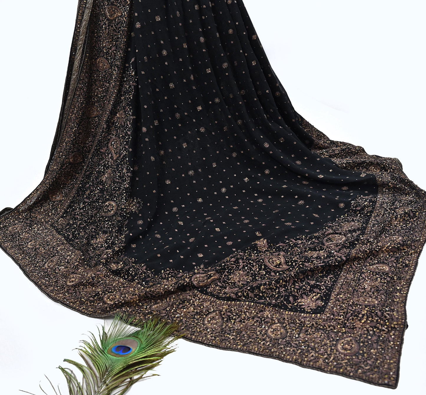 Indian Vintage Black Saree Pure Georgette Silk Pre-owned Hand Beaded Ritu Kumar Designer Sari Fabric 5Yd Soft Ethnic Bollywood Party sarees