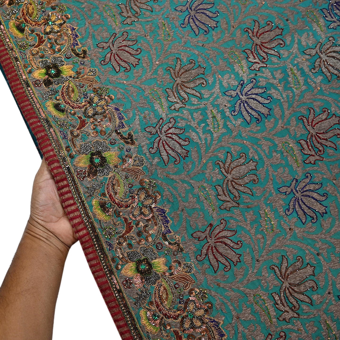 Pre-owned Green Pure Silk Brocade Saree, Handwoven Zardozi 5 yard Anamika Khanna Designer Wedding Saree Indian Bridal Wear Party Sari