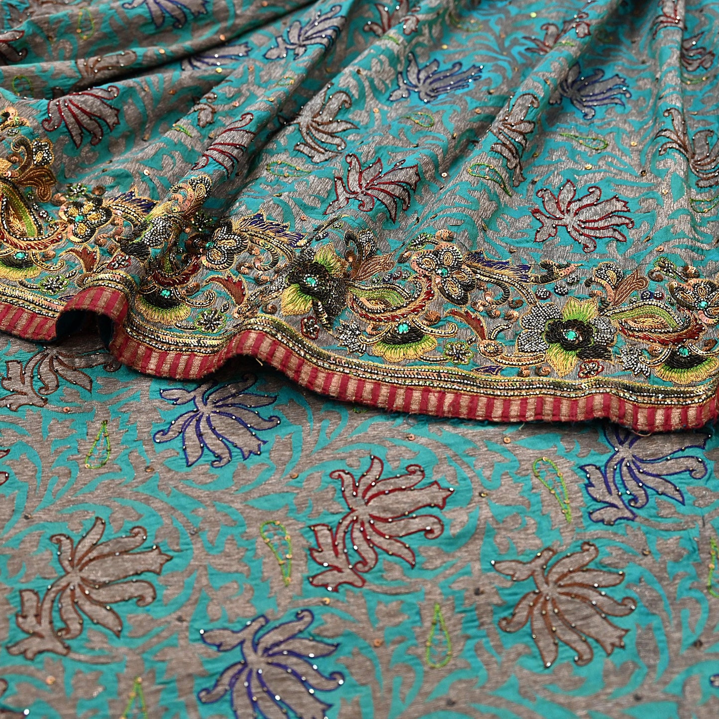 Pre-owned Green Pure Silk Brocade Saree, Handwoven Zardozi 5 yard Anamika Khanna Designer Wedding Saree Indian Bridal Wear Party Sari