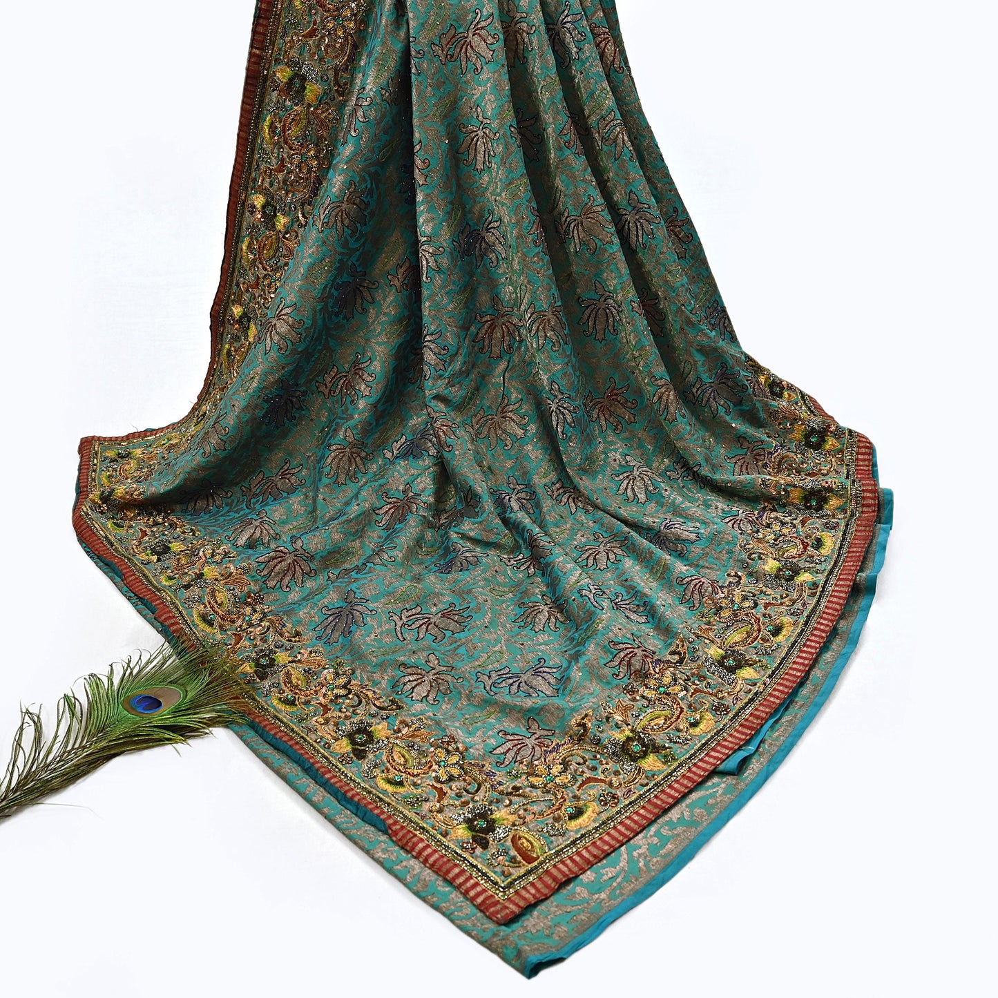 Pre-owned Green Pure Silk Brocade Saree, Handwoven Zardozi 5 yard Anamika Khanna Designer Wedding Saree Indian Bridal Wear Party Sari