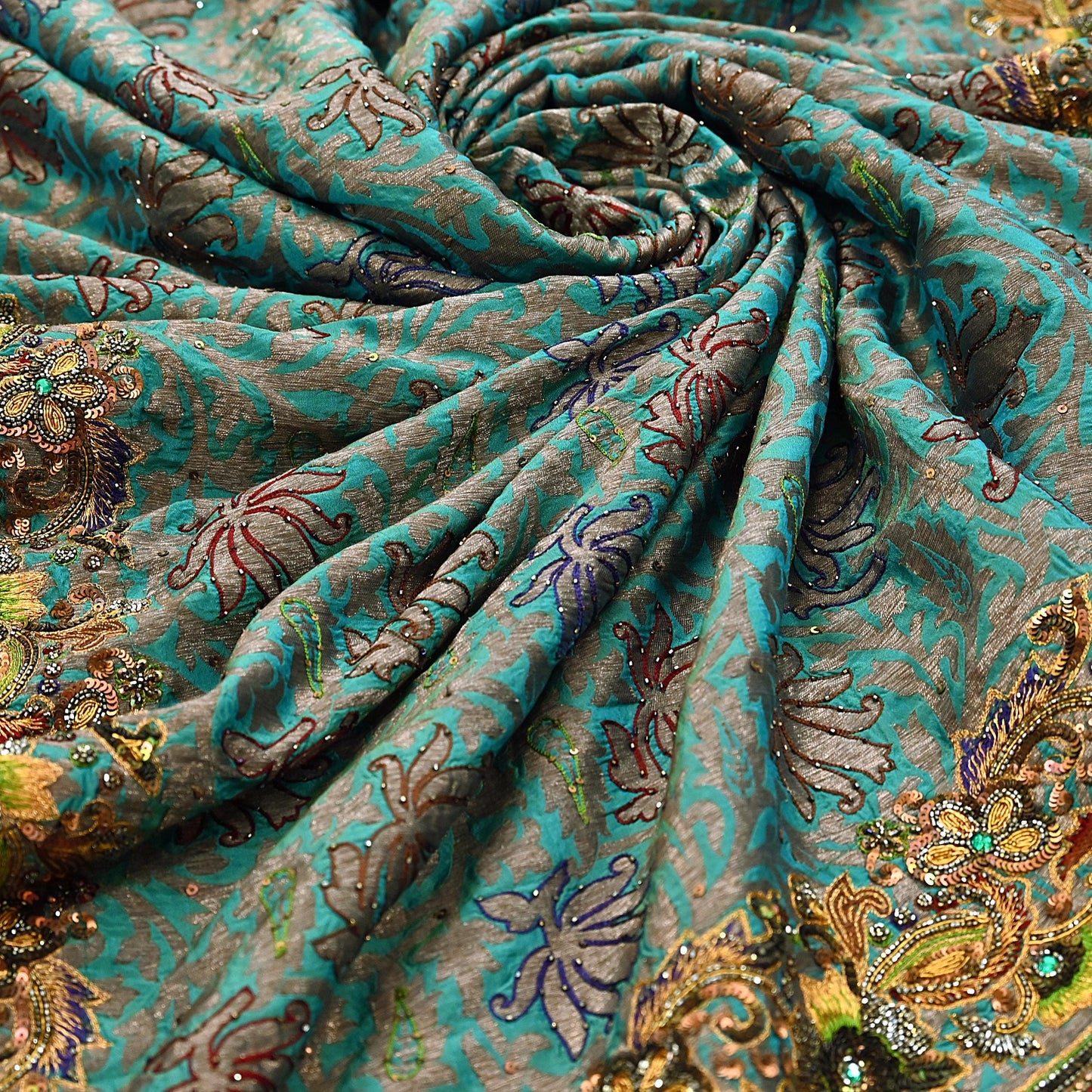 Pre-owned Green Pure Silk Brocade Saree, Handwoven Zardozi 5 yard Anamika Khanna Designer Wedding Saree Indian Bridal Wear Party Sari