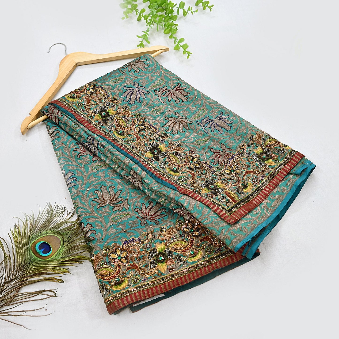 Pre-owned Green Pure Silk Brocade Saree, Handwoven Zardozi 5 yard Anamika Khanna Designer Wedding Saree Indian Bridal Wear Party Sari