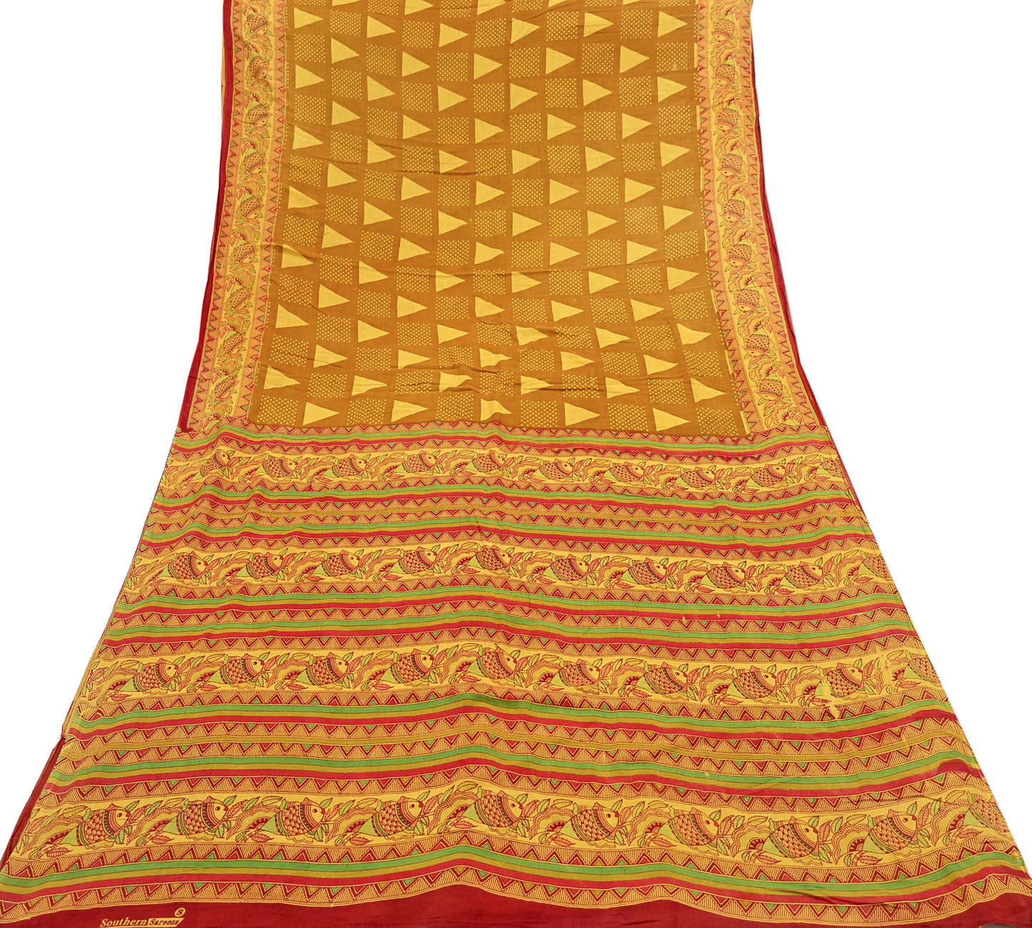 Indian Vintage Mustard & yellow Sari Kalamkari Printed Pure Cotton Saree Fabric Soft Floral 5Yd Sarong Wrap Fabric Fish