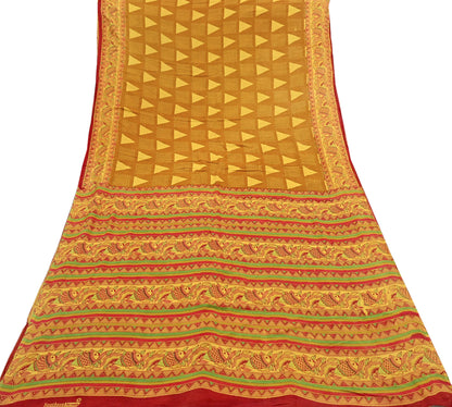 Indian Vintage Mustard & yellow Sari Kalamkari Printed Pure Cotton Saree Fabric Soft Floral 5Yd Sarong Wrap Fabric Fish