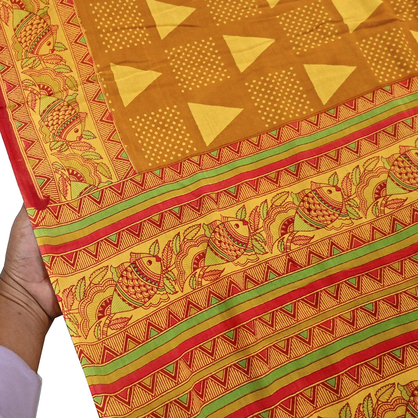 Indian Vintage Mustard & yellow Sari Kalamkari Printed Pure Cotton Saree Fabric Soft Floral 5Yd Sarong Wrap Fabric Fish