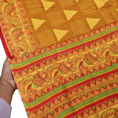 Indian Vintage Mustard & yellow Sari Kalamkari Printed Pure Cotton Saree Fabric Soft Floral 5Yd Sarong Wrap Fabric Fish