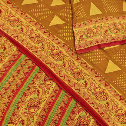 Indian Vintage Mustard & yellow Sari Kalamkari Printed Pure Cotton Saree Fabric Soft Floral 5Yd Sarong Wrap Fabric Fish