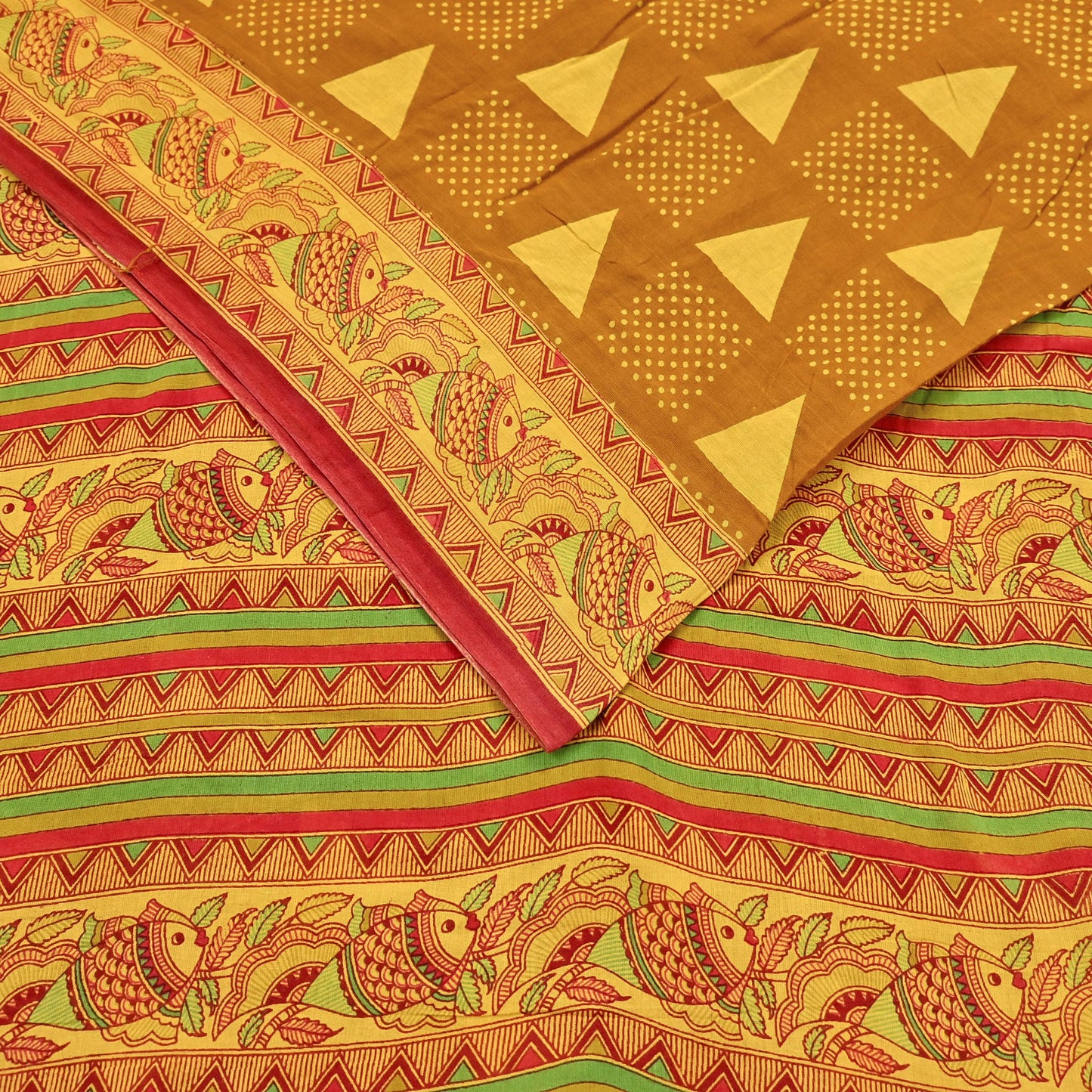 Indian Vintage Mustard & yellow Sari Kalamkari Printed Pure Cotton Saree Fabric Soft Floral 5Yd Sarong Wrap Fabric Fish