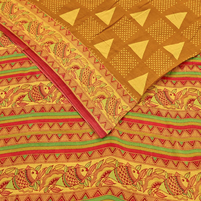 Indian Vintage Mustard & yellow Sari Kalamkari Printed Pure Cotton Saree Fabric Soft Floral 5Yd Sarong Wrap Fabric Fish