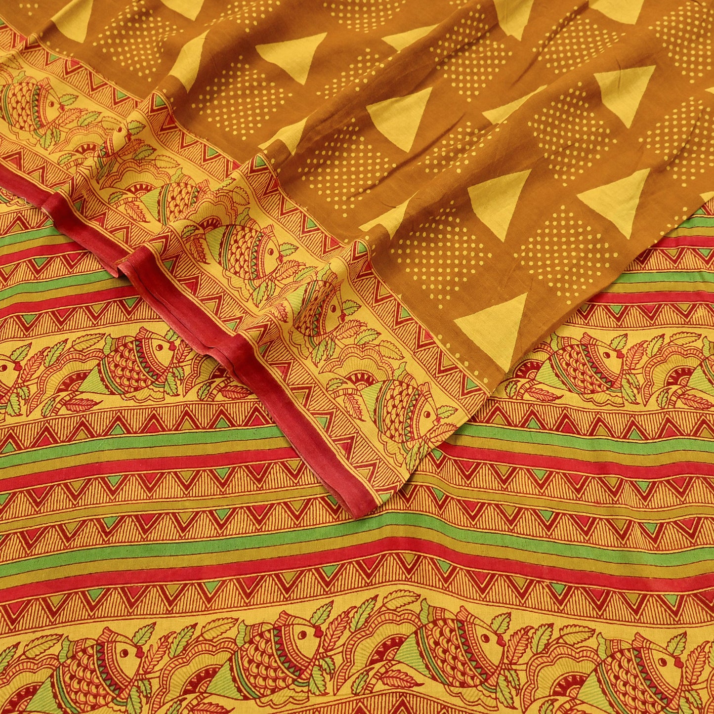 Indian Vintage Mustard & yellow Sari Kalamkari Printed Pure Cotton Saree Fabric Soft Floral 5Yd Sarong Wrap Fabric Fish