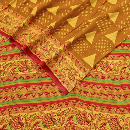 Indian Vintage Mustard & yellow Sari Kalamkari Printed Pure Cotton Saree Fabric Soft Floral 5Yd Sarong Wrap Fabric Fish