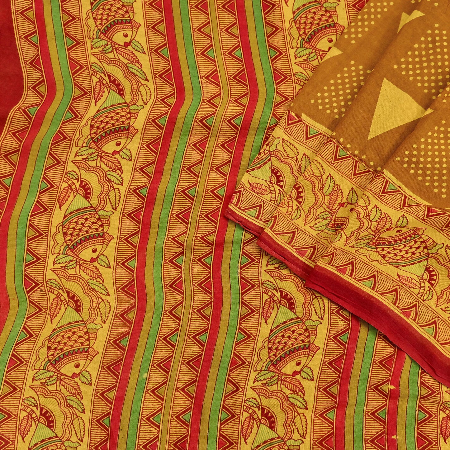 Indian Vintage Mustard & yellow Sari Kalamkari Printed Pure Cotton Saree Fabric Soft Floral 5Yd Sarong Wrap Fabric Fish