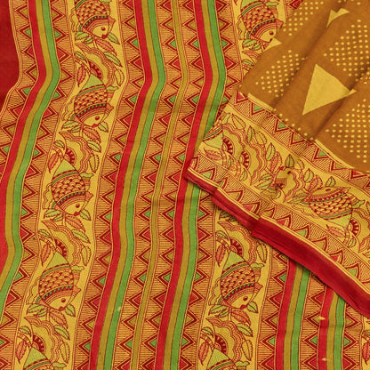 Indian Vintage Mustard & yellow Sari Kalamkari Printed Pure Cotton Saree Fabric Soft Floral 5Yd Sarong Wrap Fabric Fish