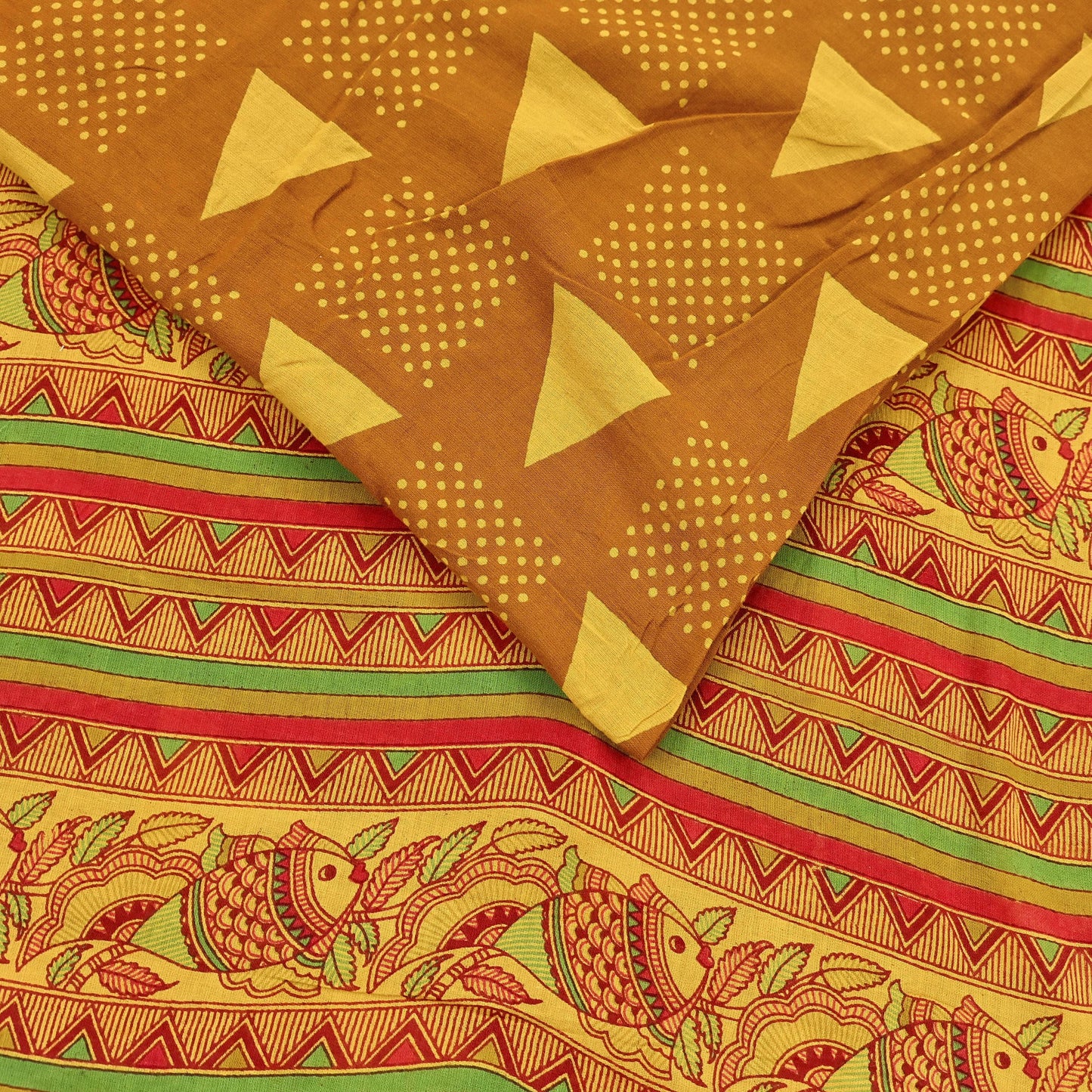 Indian Vintage Mustard & yellow Sari Kalamkari Printed Pure Cotton Saree Fabric Soft Floral 5Yd Sarong Wrap Fabric Fish