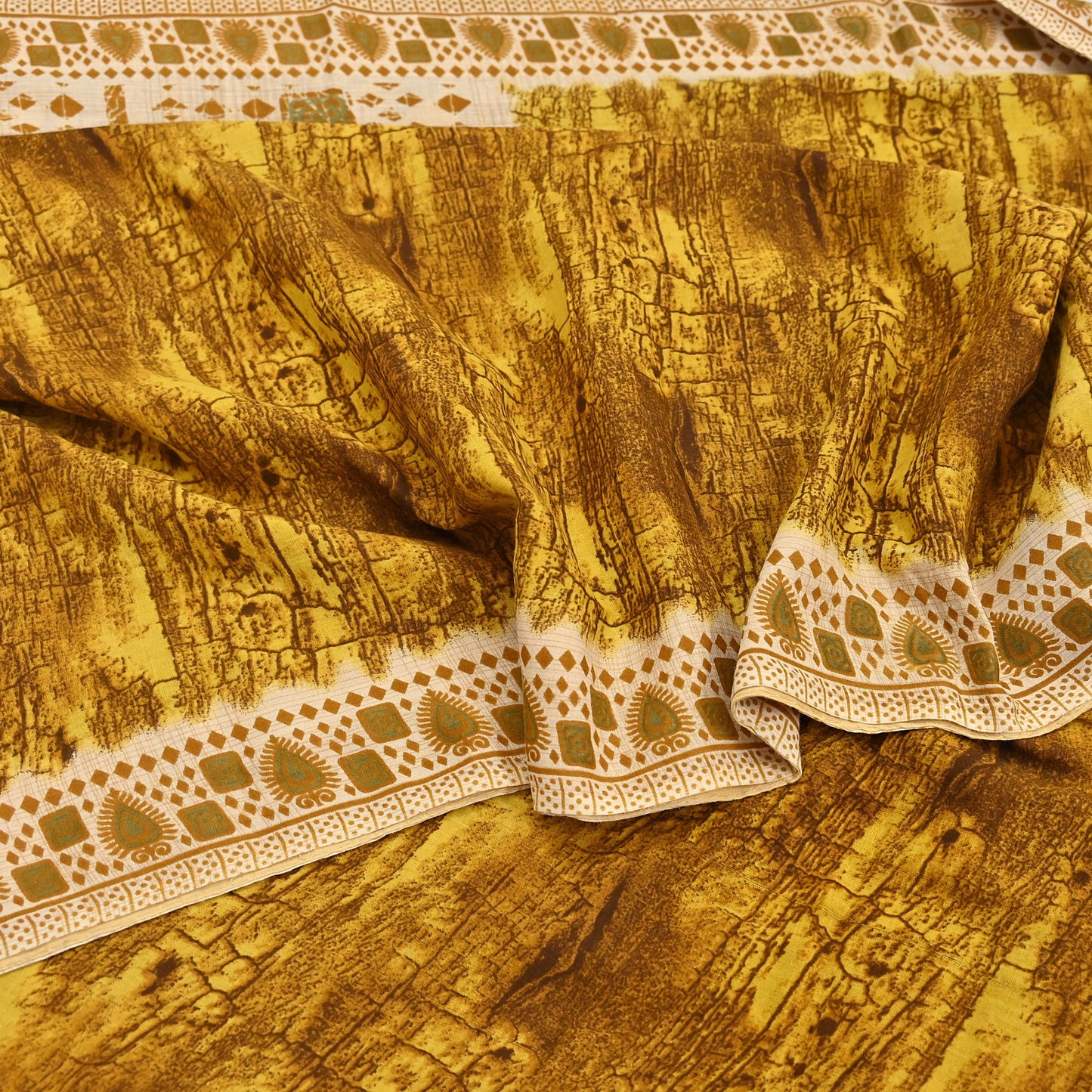 Indian Vintage Ivory & Yellow Saree Printed Pure Cotton Sari Craft Fabric 5Yd Soft Sewing Sarong Wrap Boho Floral Dress making Crafting