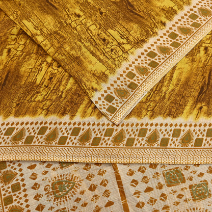 Indian Vintage Ivory & Yellow Saree Printed Pure Cotton Sari Craft Fabric 5Yd Soft Sewing Sarong Wrap Boho Floral Dress making Crafting