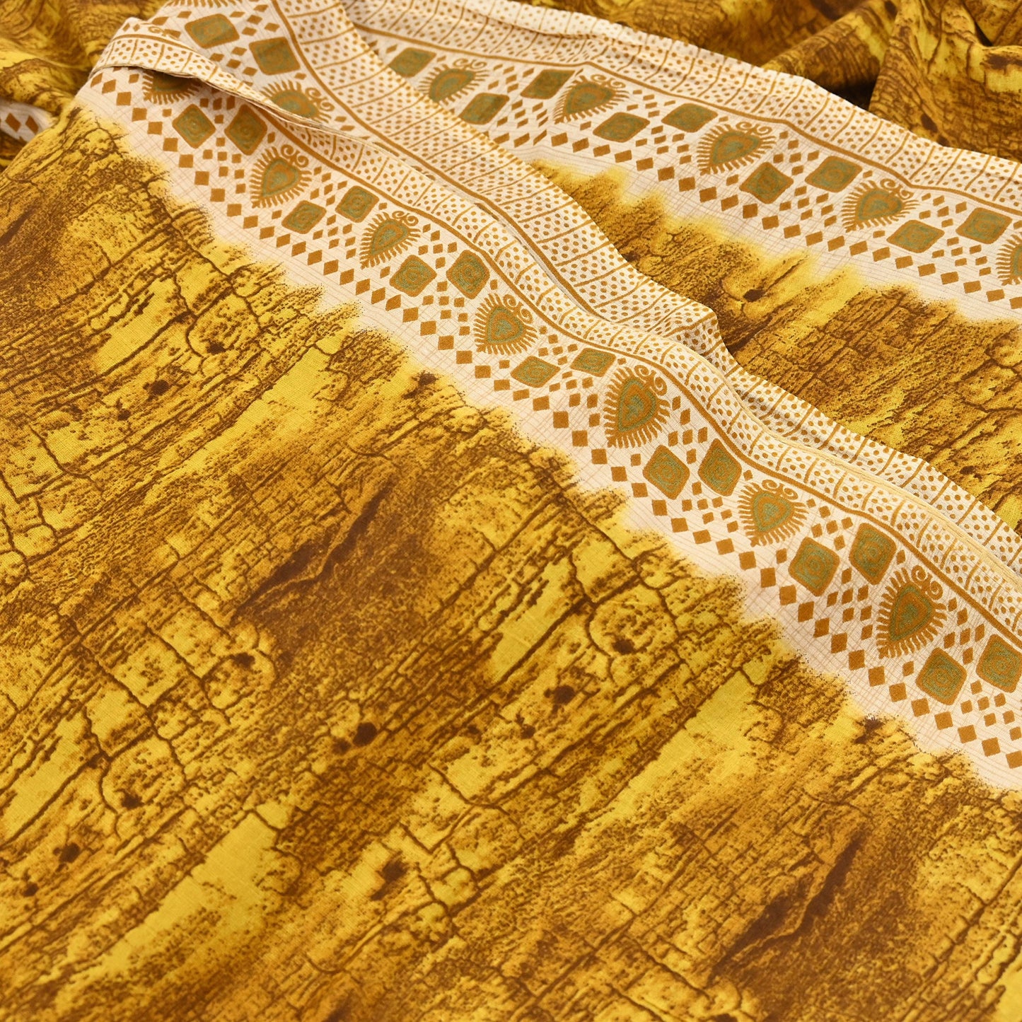 Indian Vintage Ivory & Yellow Saree Printed Pure Cotton Sari Craft Fabric 5Yd Soft Sewing Sarong Wrap Boho Floral Dress making Crafting