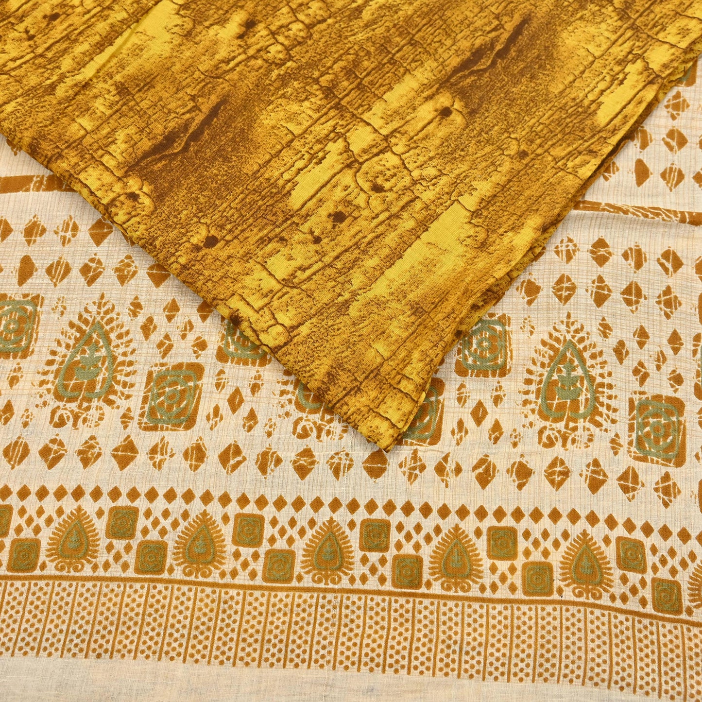 Indian Vintage Ivory & Yellow Saree Printed Pure Cotton Sari Craft Fabric 5Yd Soft Sewing Sarong Wrap Boho Floral Dress making Crafting