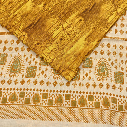 Indian Vintage Ivory & Yellow Saree Printed Pure Cotton Sari Craft Fabric 5Yd Soft Sewing Sarong Wrap Boho Floral Dress making Crafting